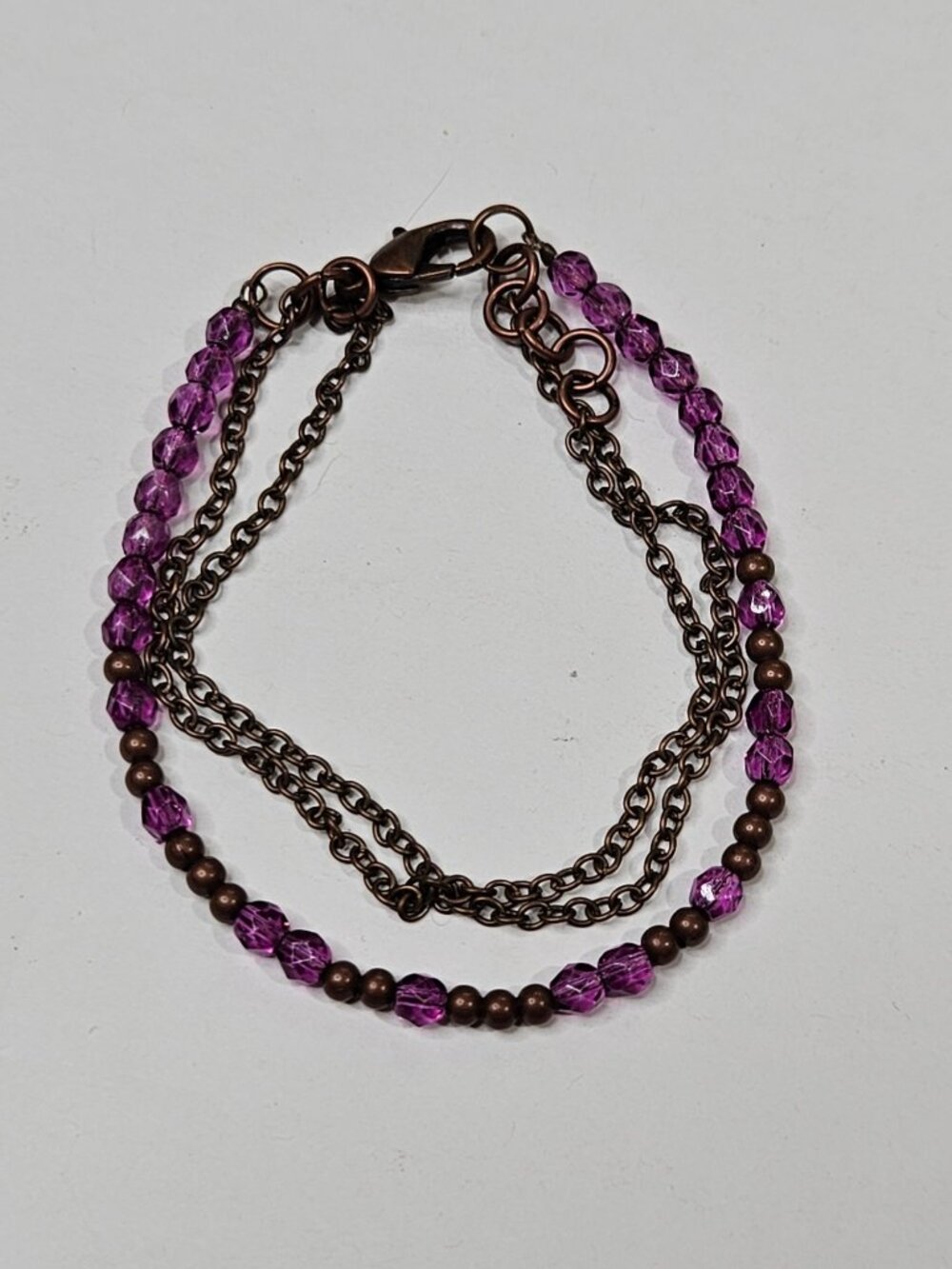 3 Strand Copper Chain Bracelet Purple Faceted Glass Beads 7 inches Long